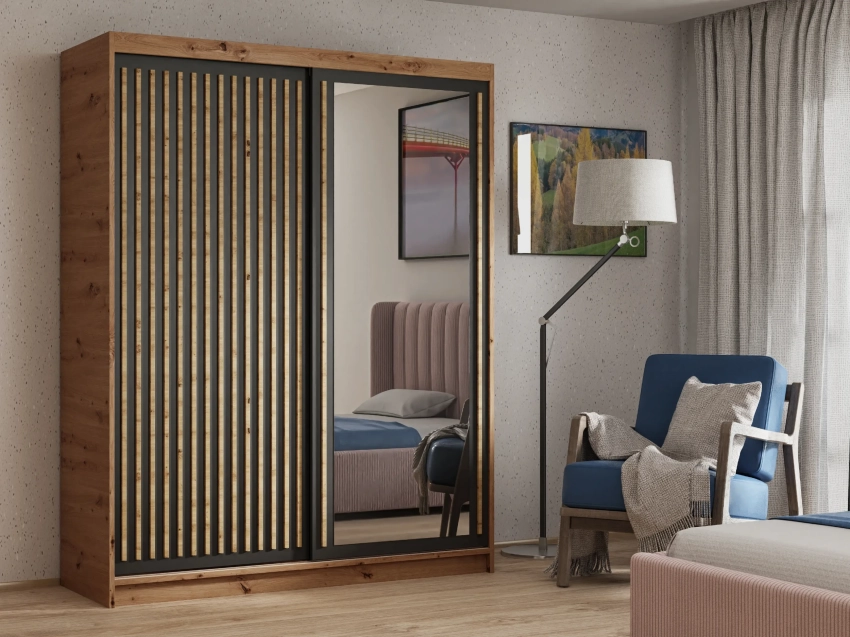 Szafa LAMIRO 160 cm w kolorze dąb artisan z czarnymi  frontami