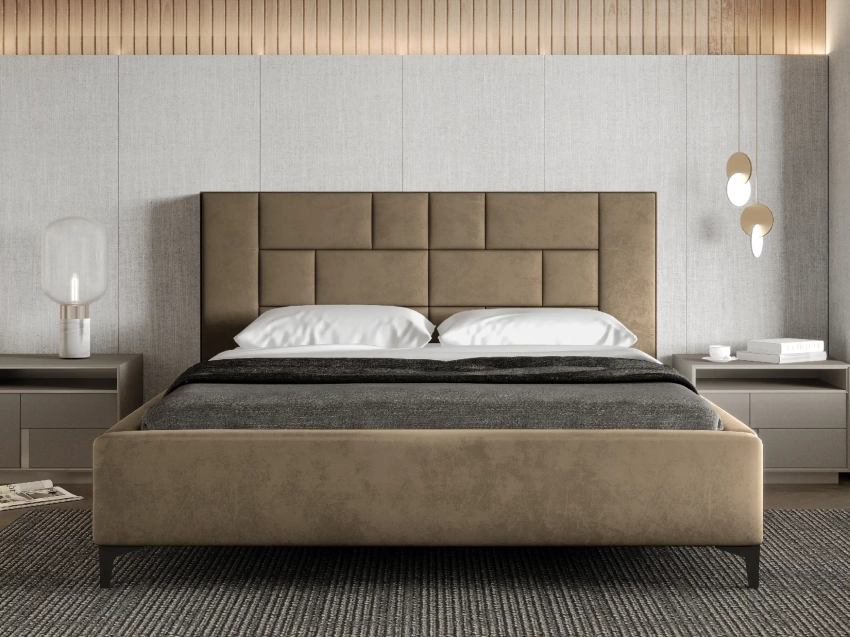 Brązowe łóżko tapicerowane TESSA w tkaninie Whisper 05