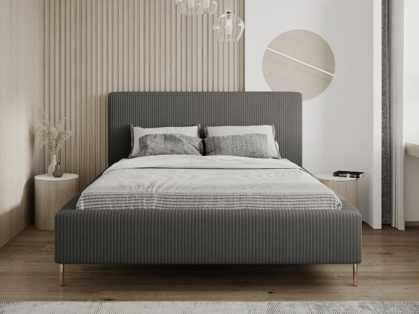 Szare łóżko tapicerowane CORDIA w tkaninie Top sztruks 95