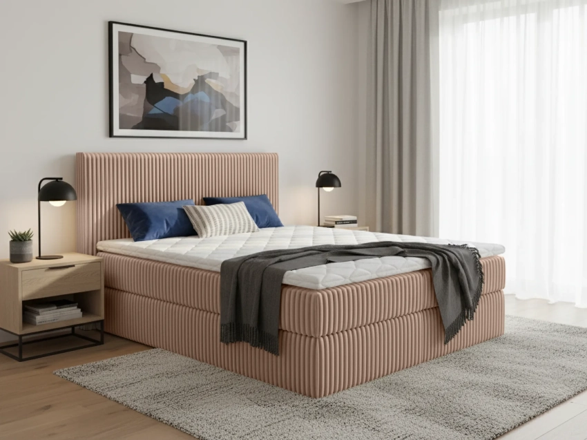 Beżowo-brązowe łóżko Nela w tkaninie Tilia 17