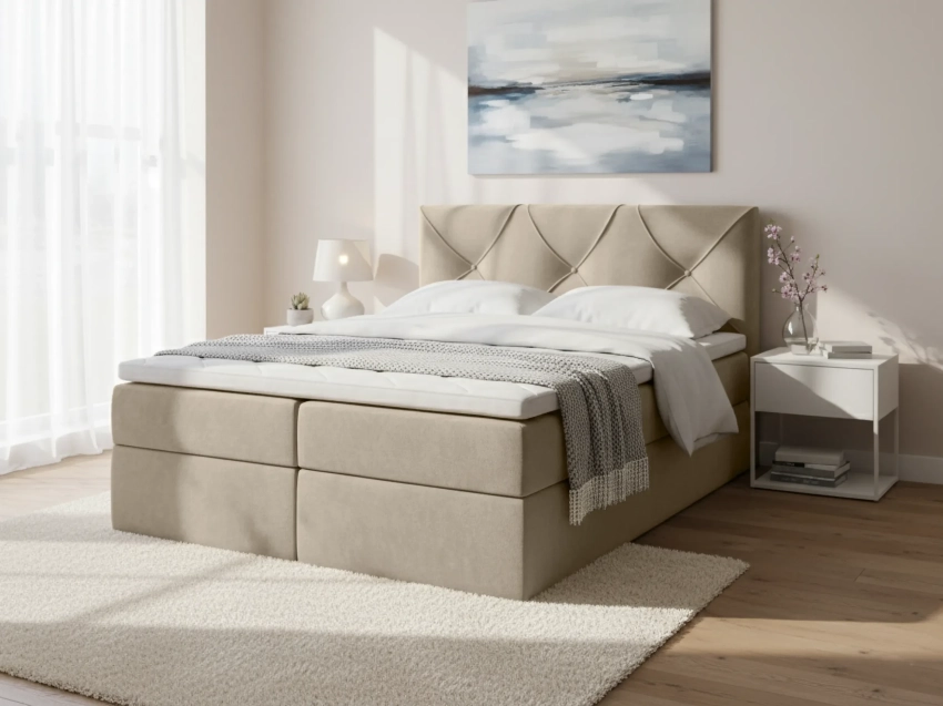 Beżowe łóżko Renes 140 × 200 w tkaninę Uttario Velvet 2974