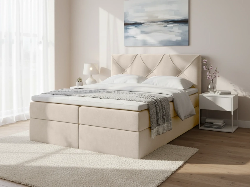 Kremowe łóżko Renes 140 × 200 w tkaninę Uttario Velvet 2978