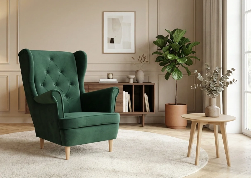 Zielony fotel Uszak w tkaninie Uttario Velvet 2952