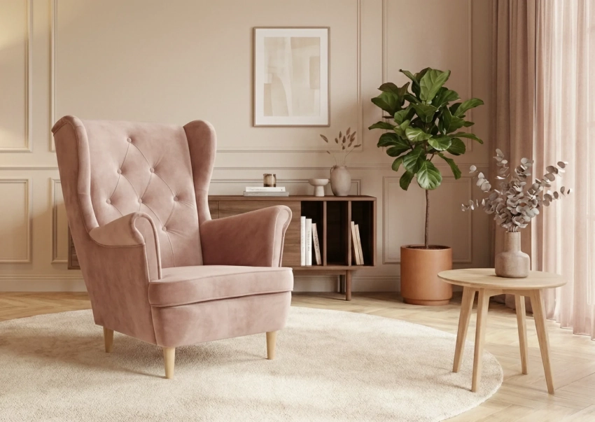 Różowy fotel Uszak w tkaninie Uttario Velvet 2956