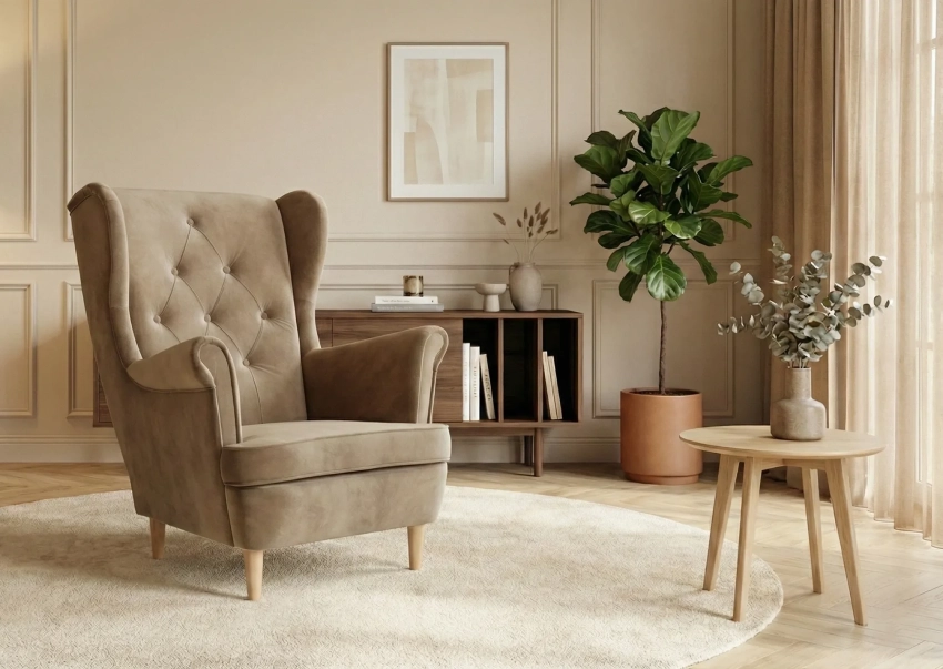 Beżowy fotel Uszak w tkaninie Uttario Velvet 2976