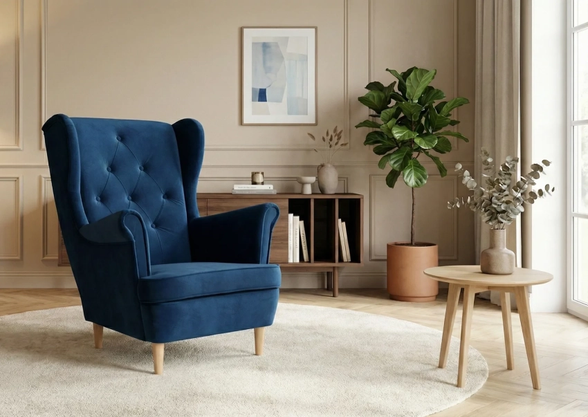 Niebieski fotel Uszak w tkaninie Uttario Velvet 2967