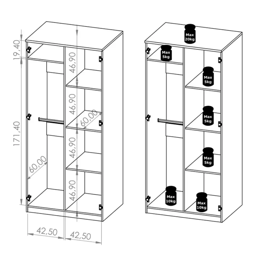 Wymiary wnętrza szafy BOREA BO4