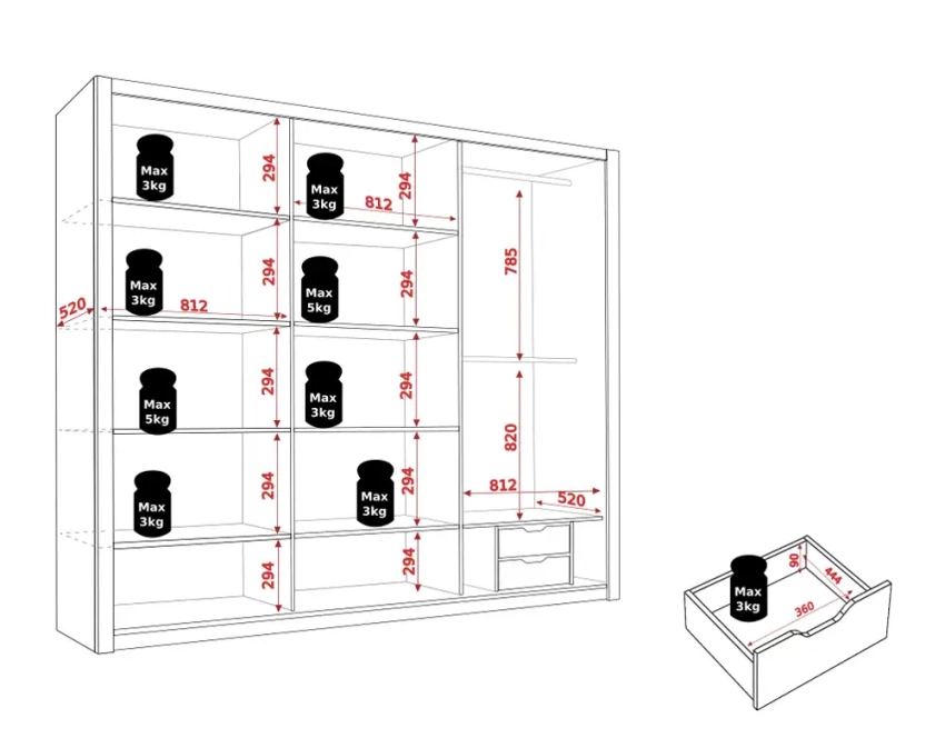 Wymiary wnętrza szafy BOREA BO16 250 cm