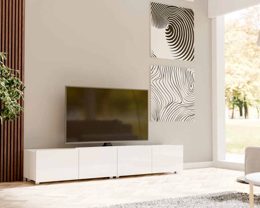2x biała stojąca szafka RTV CALERO CA4 2D 100 cm w aranżacji