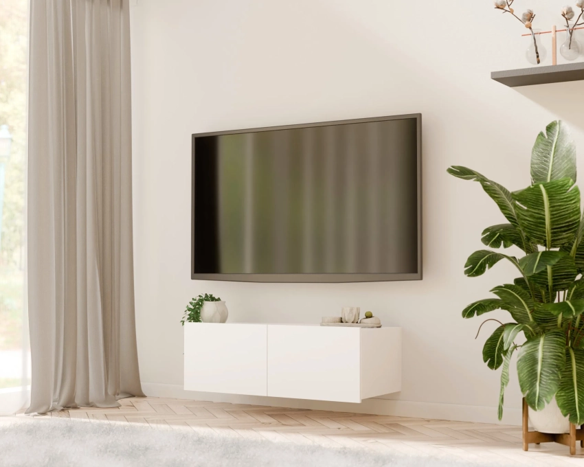 Biała wisząca szafka RTV CALERO CA4 2D 100 cm w aranżacji