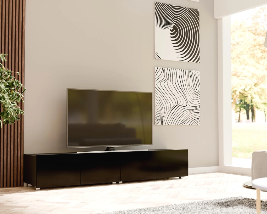 2x czarna stojąca szafka RTV CALERO CA4 2D 100 cm w aranżacji