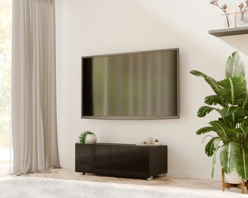 Czarna stojąca szafka RTV CALERO CA4 2D 100 cm w aranżacji