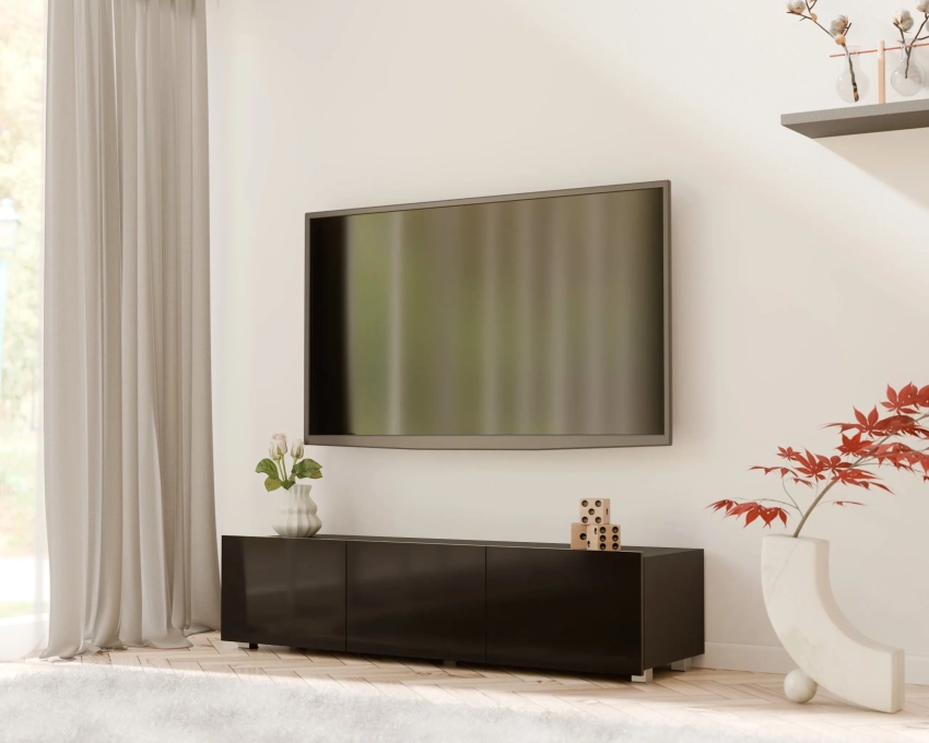 Stojąca szafka RTV CALERO CA5 3D 150 cm - czarny / czarny połysk