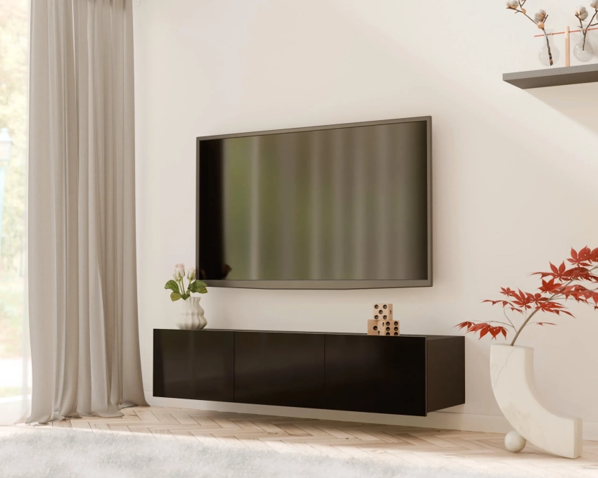 Wisząca szafka RTV CALERO CA5 3D 150 cm - czarny / czarny połysk