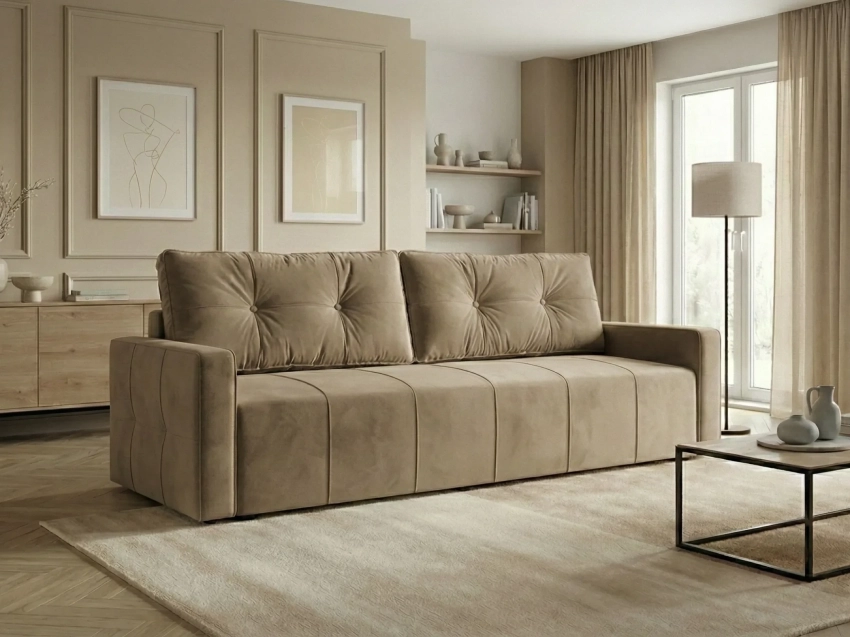 Beżowa sofa 3-osobowa rozkładana MAJORKA - tkanina Uttario Velvet 2976