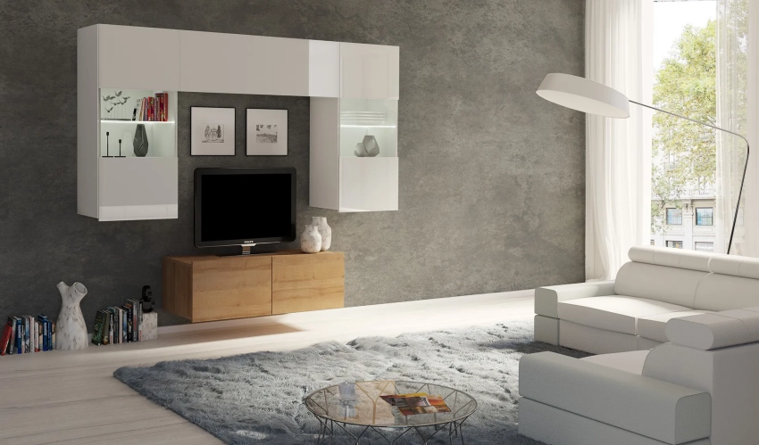 Meblościanka CALERO C10 - biały połysk / dąb złoty