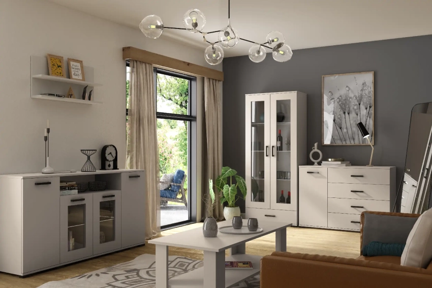 Przykładowa aranżacja systemu mebli Felia w kolorze kaszmiru