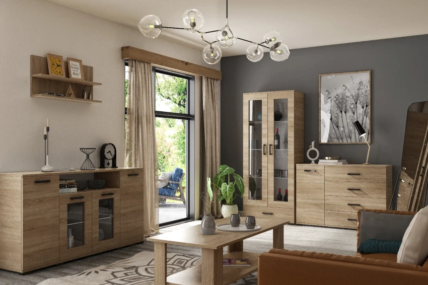 Przykładowa aranżacja systemu mebli Felia w kolorze dąb sonoma