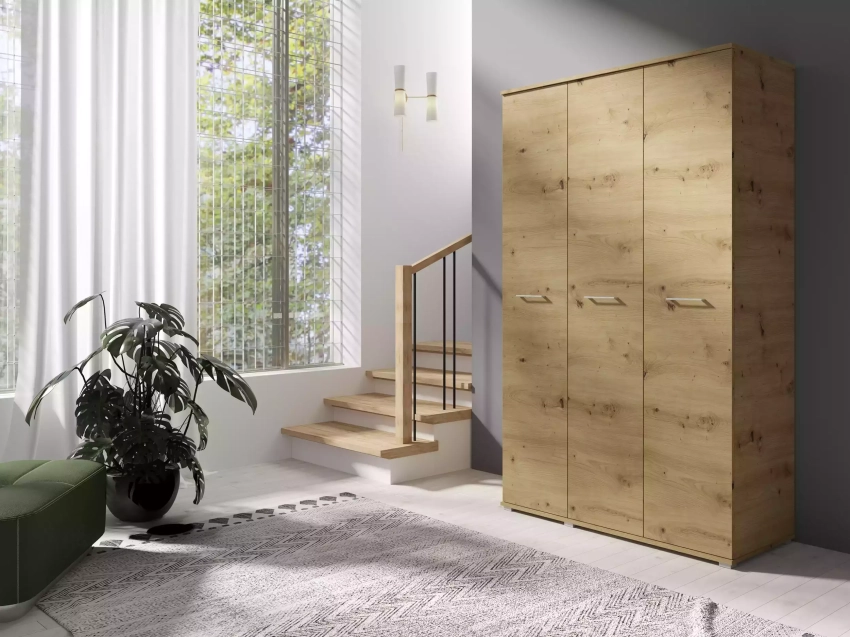 Trzydrzwiowa szafa na ubrania LUMI 120 cm - dąb artisan