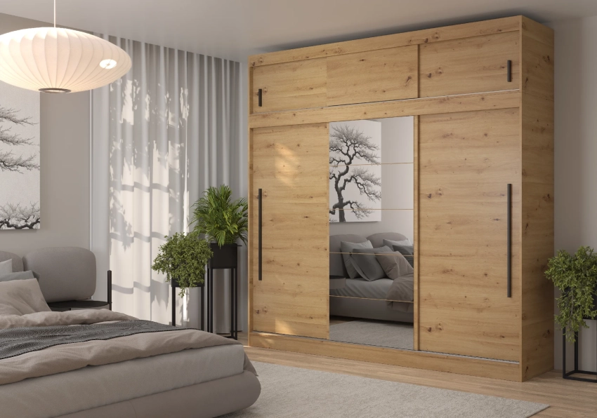 Szafa przesuwna z nadstawką i lustrem MILA 210 cm - dąb artisan