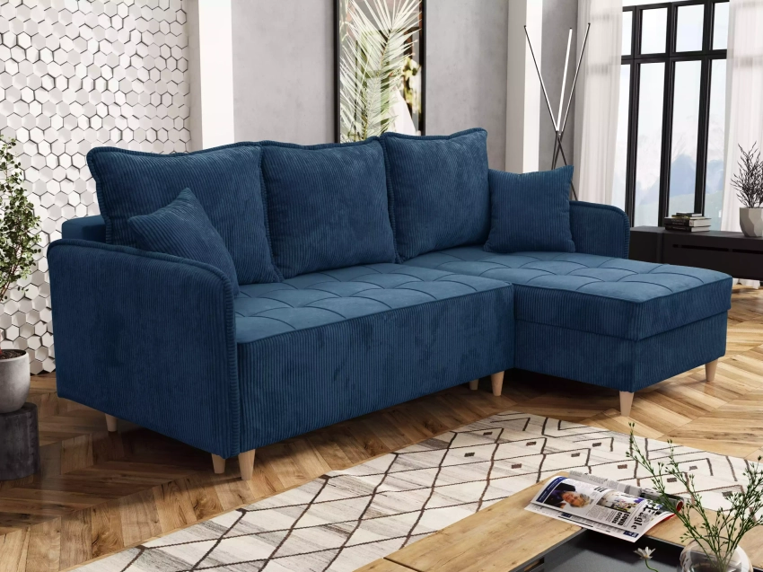 Narożnik z pojemnikiem na pościel Laurito niebieski aranżacja