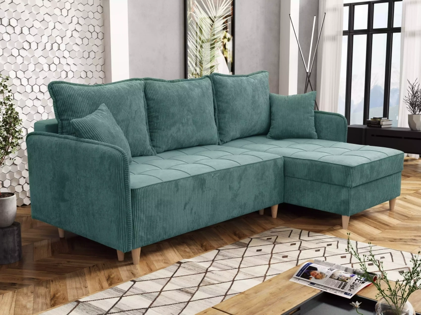 Narożnik z pojemnikiem na pościel Laurito miętowy aranżacja